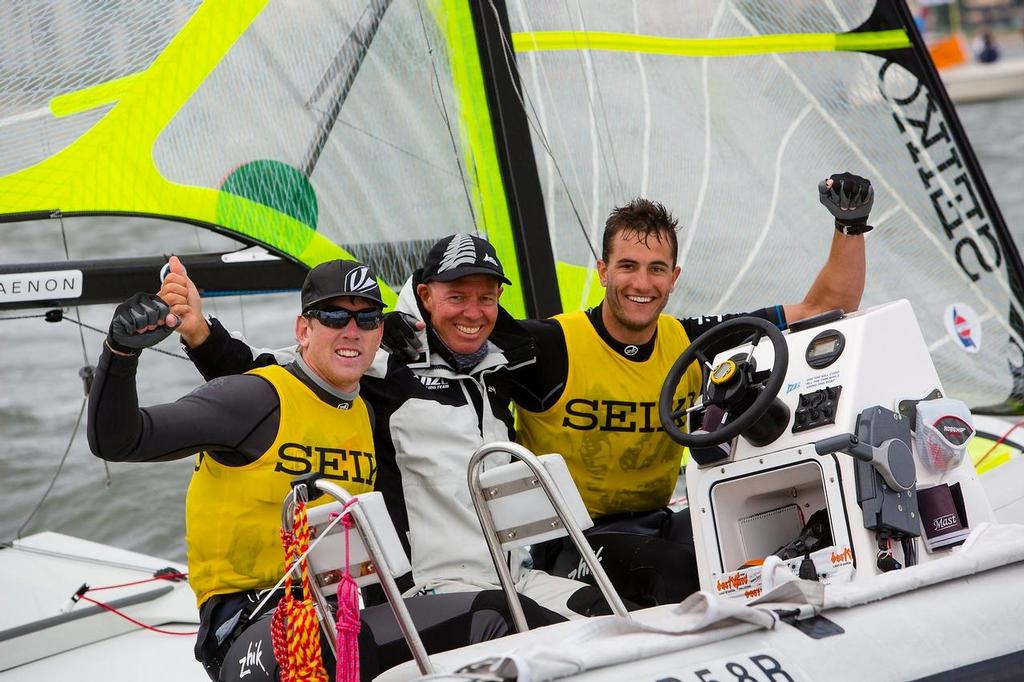 Peter Burling and Blair Tuke with coach Hamish Willcox -  2014 49er and 49erFX European Championships - Final Day 5 © Mick Anderson / Sailingpix.dk http://sailingpix.photoshelter.com/